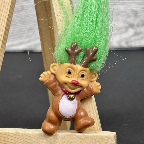 Vintage 90s Russ Troll Doll Christmas Reindeer Green Hair Rudolph Red Nose - Picture 2 of 7